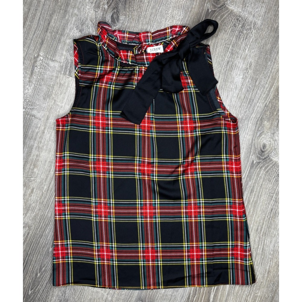 J. Crew Sleeveless Tartan Plaid Ruffle Neck Bow Top Holiday Preppy Blouse Sz XXS